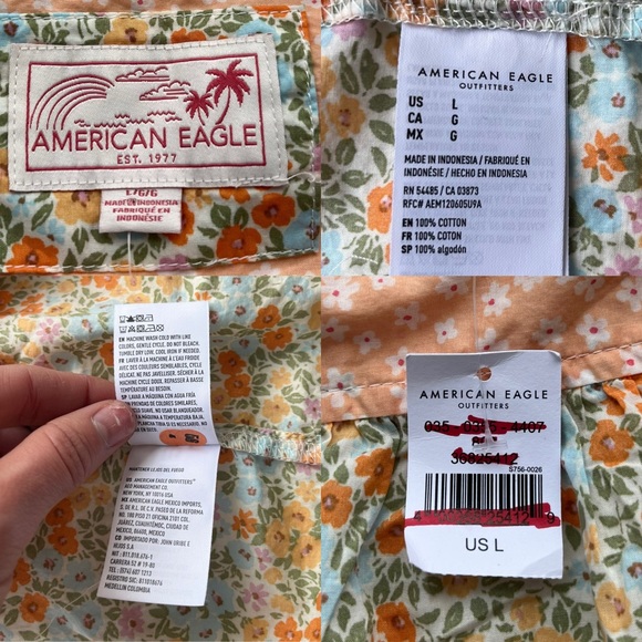American Eagle Women's Large Orange & Floral Oversized Resort Button Front Shirt - Picture 4 of 13